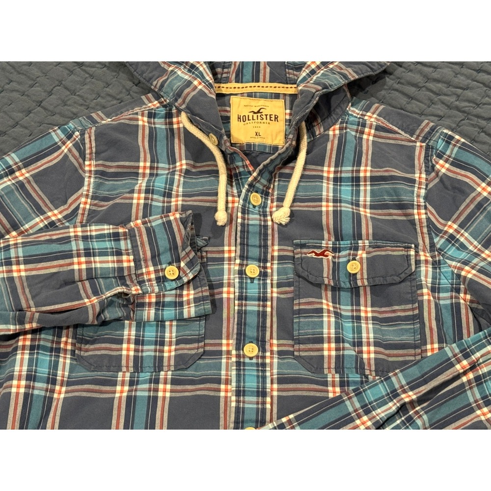 Hollister Men's XL Hooded Shacket Blue Plaid 100% Cotton Button Up Red Logo Y2K